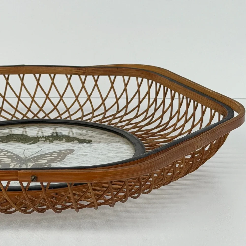 Vintage Basket Jetline Japan Rattan Bamboo‎ Lucite Butterfly Floral Boho Cottage